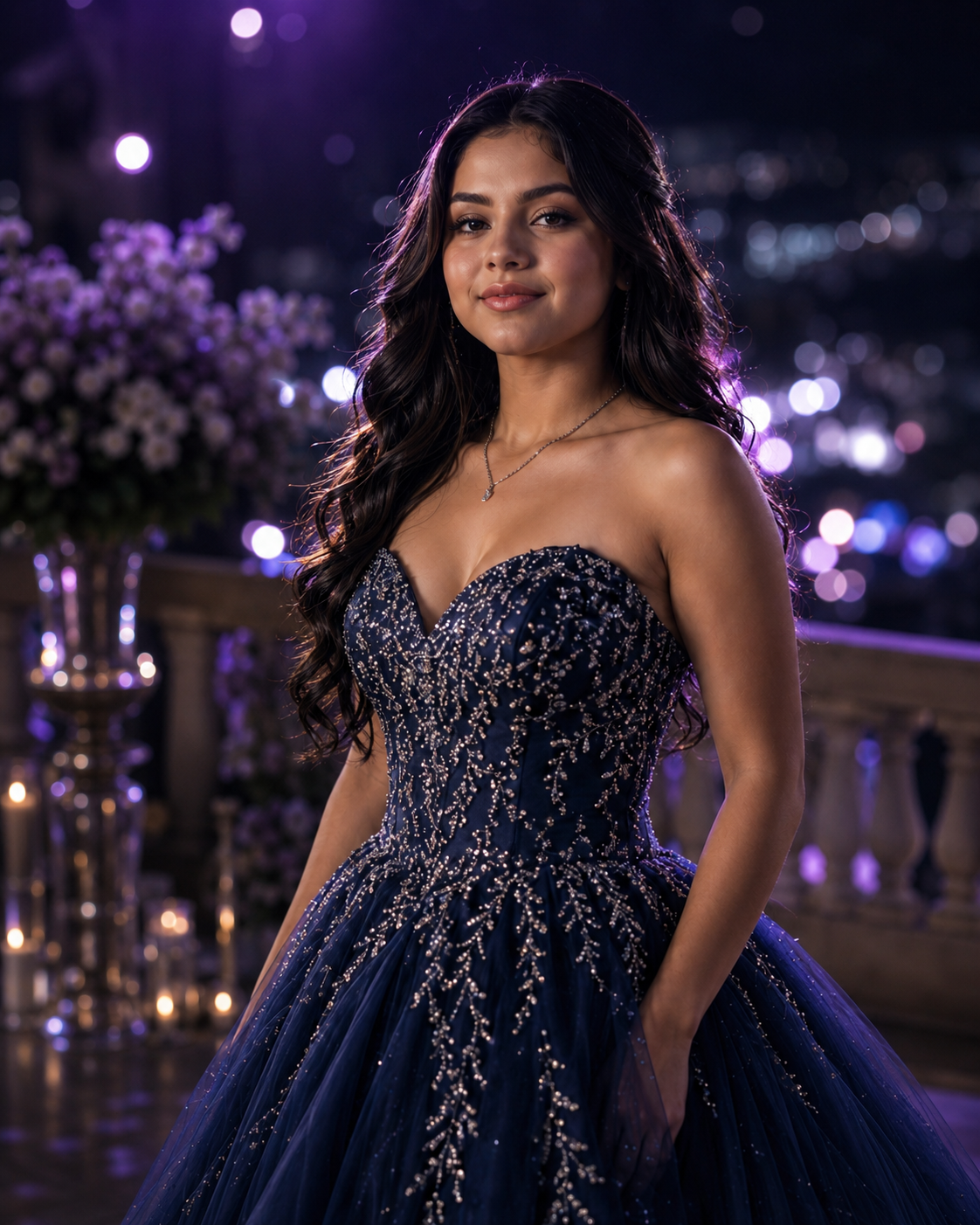 Retrato de Renata con luces violetas y plateadas