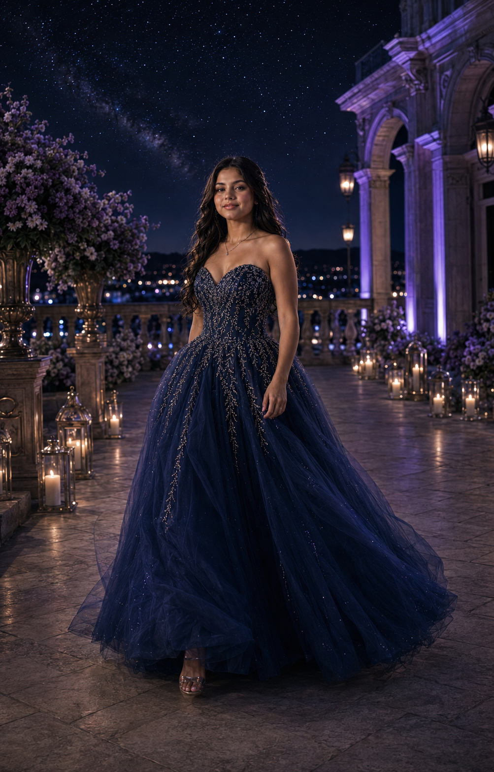Renata caminando en una terraza nocturna